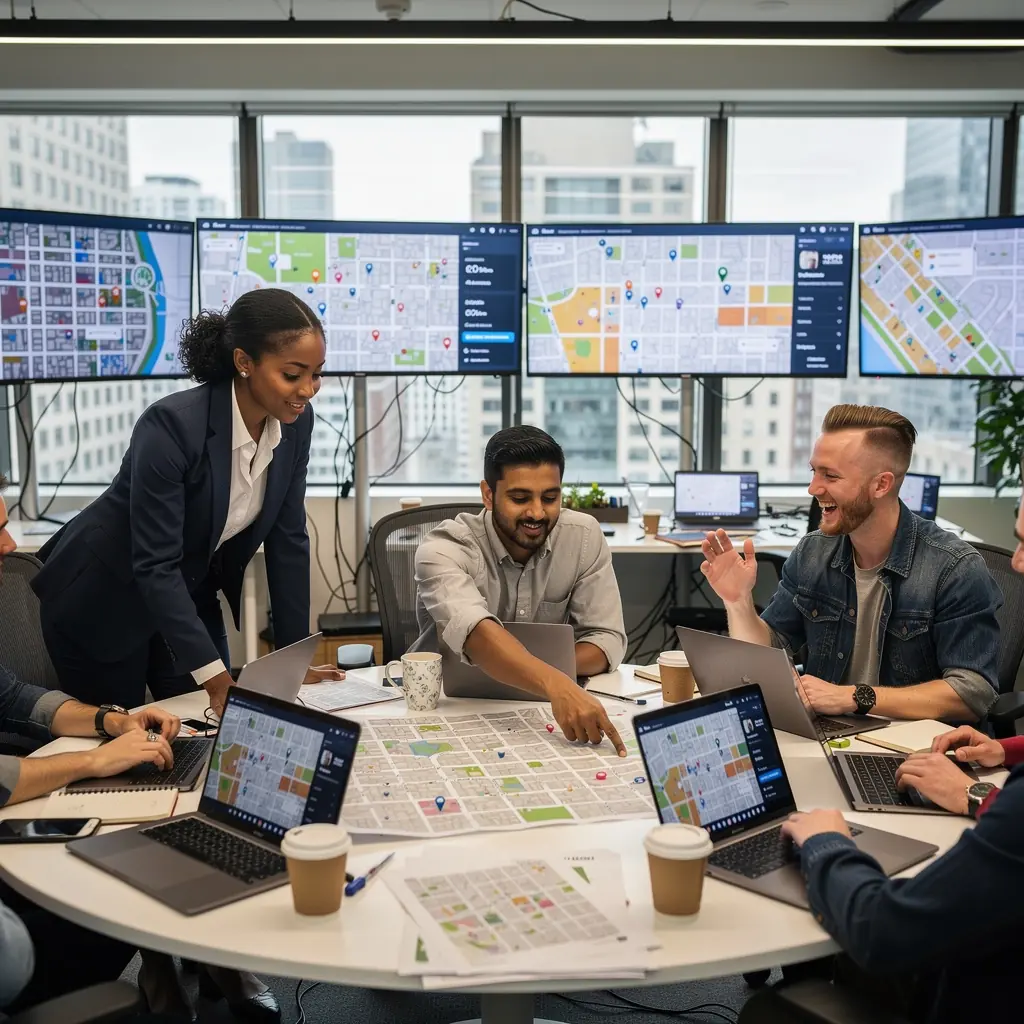 Mapa z zaznaczonymi lokalizacjami usług w okolicy wynajmowanych mieszkań.