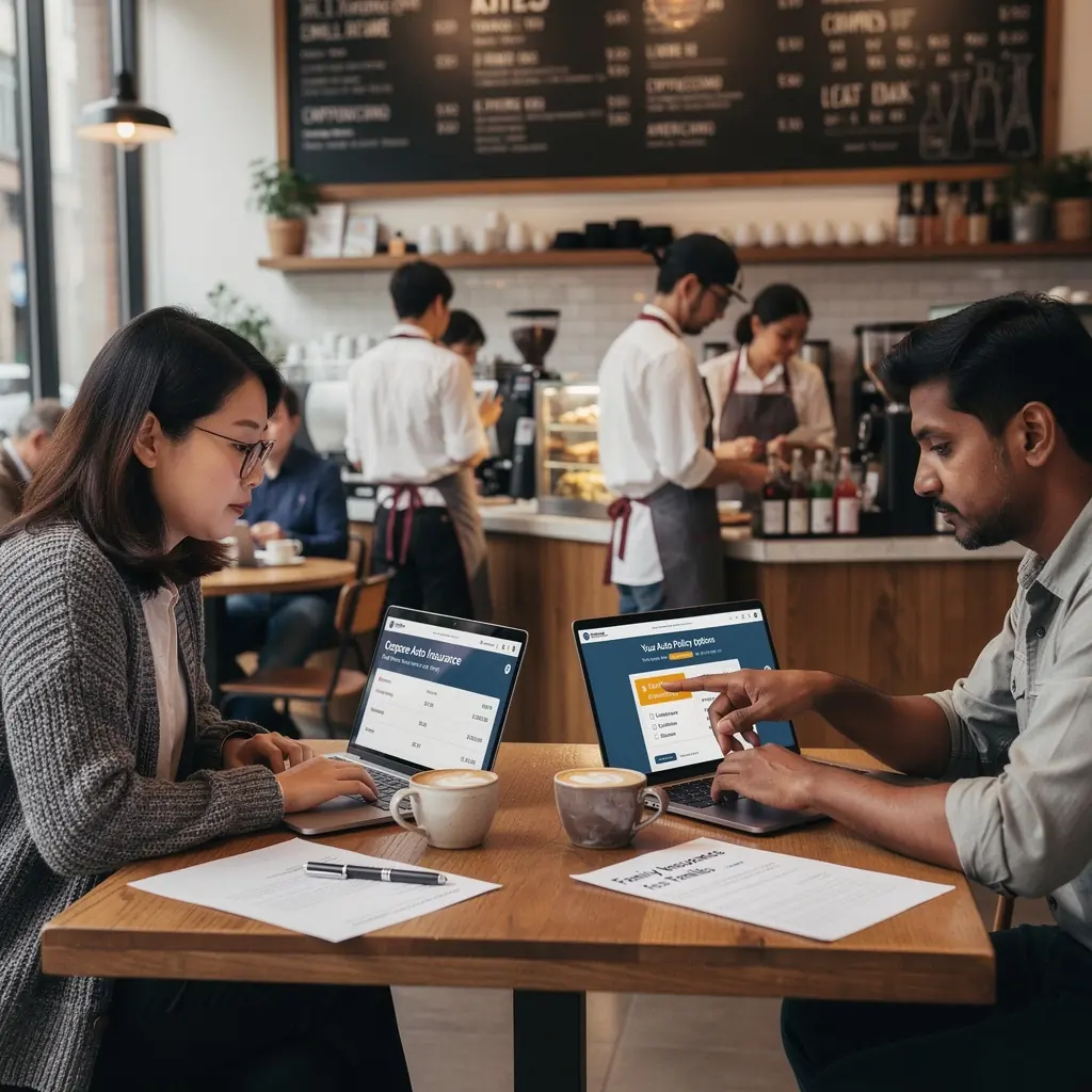 Kobieta przeglądająca dokumenty ubezpieczeniowe w biurze, z uśmiechem na twarzy.
