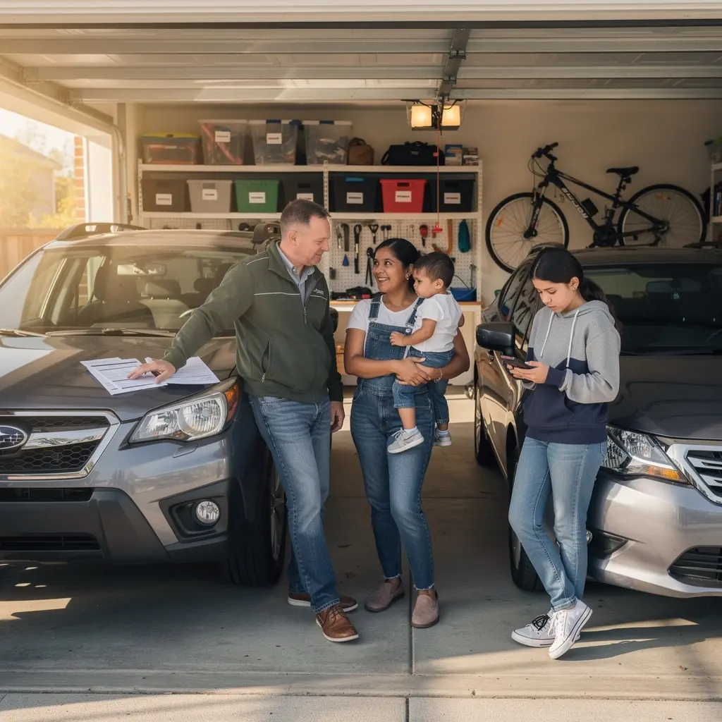 Grupa rodzinnych członków z kluczami do samochodów, omawiająca opcje polisy.