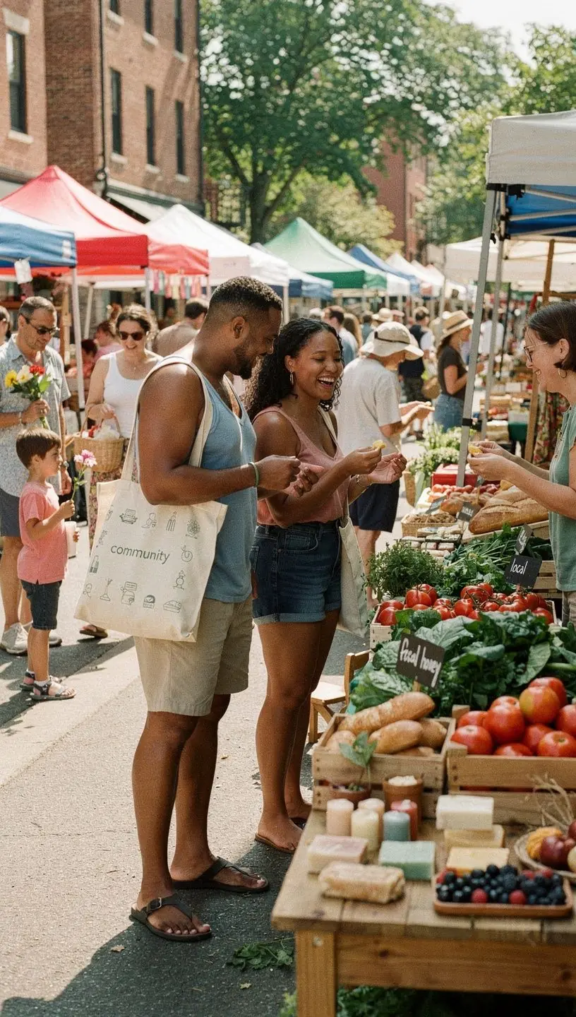 Mapa lokalnych usług z oznaczonymi odległościami do najbliższych punktów, takich jak sklepy i restauracje.
