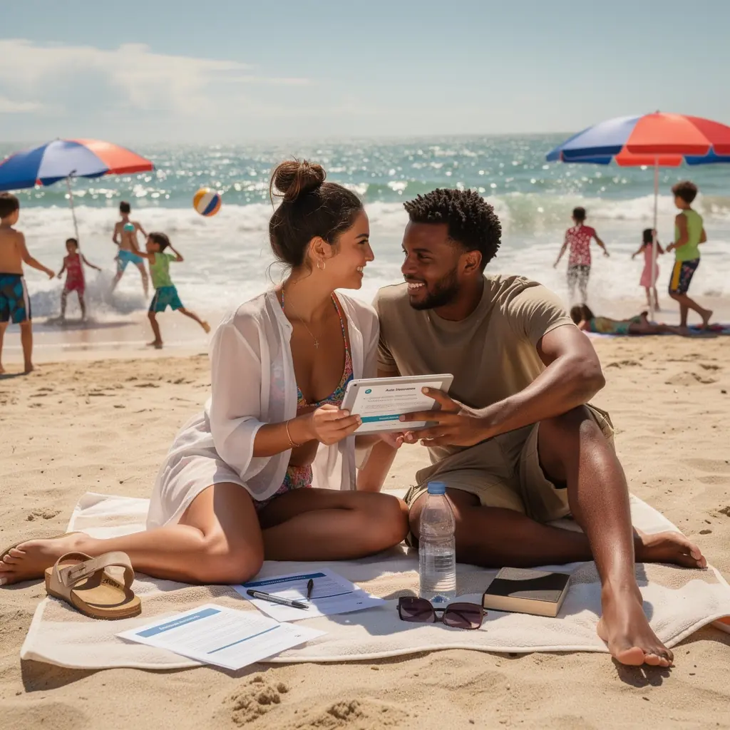 Mężczyzna i kobieta siedzący przy stole, analizujący oferty ubezpieczenia samochodu.