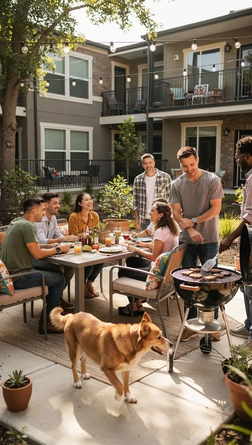 Zewnętrzny widok na nowy budynek mieszkalny w tętniącym życiem amerykańskim mieście.
