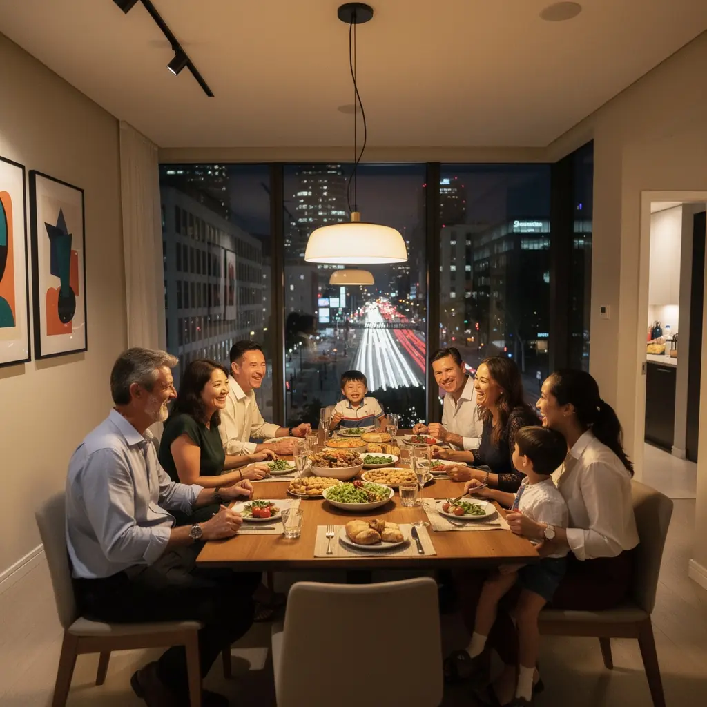 Grupa osób korzystających z aplikacji do wyszukiwania mieszkań w mieście.