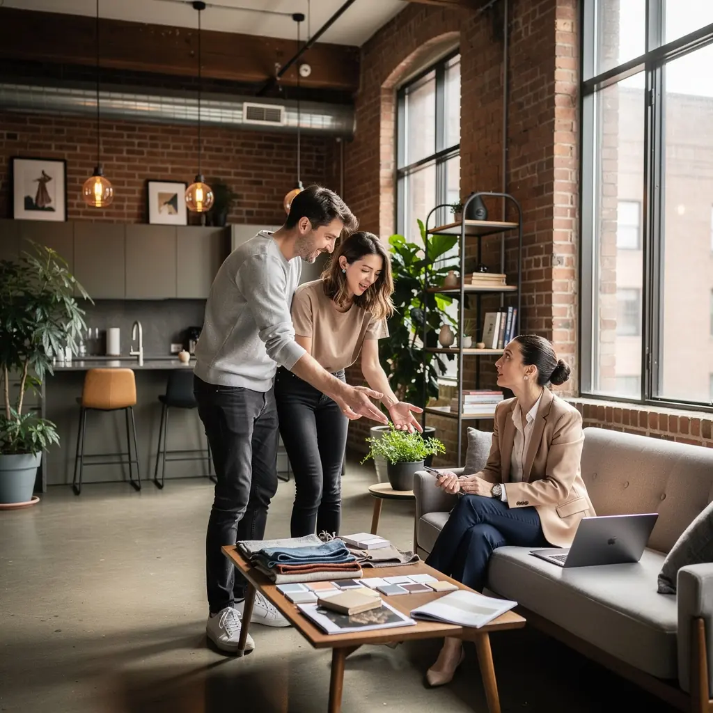 Widok na nowoczesne mieszkanie w miejskim otoczeniu z przestronnym salonem i dużymi oknami.