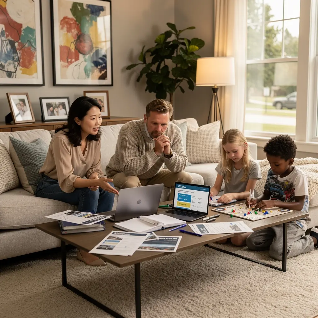 Rodzina z dwoma samochodami stojąca obok swojego pojazdu, rozmawiająca o ubezpieczeniu.